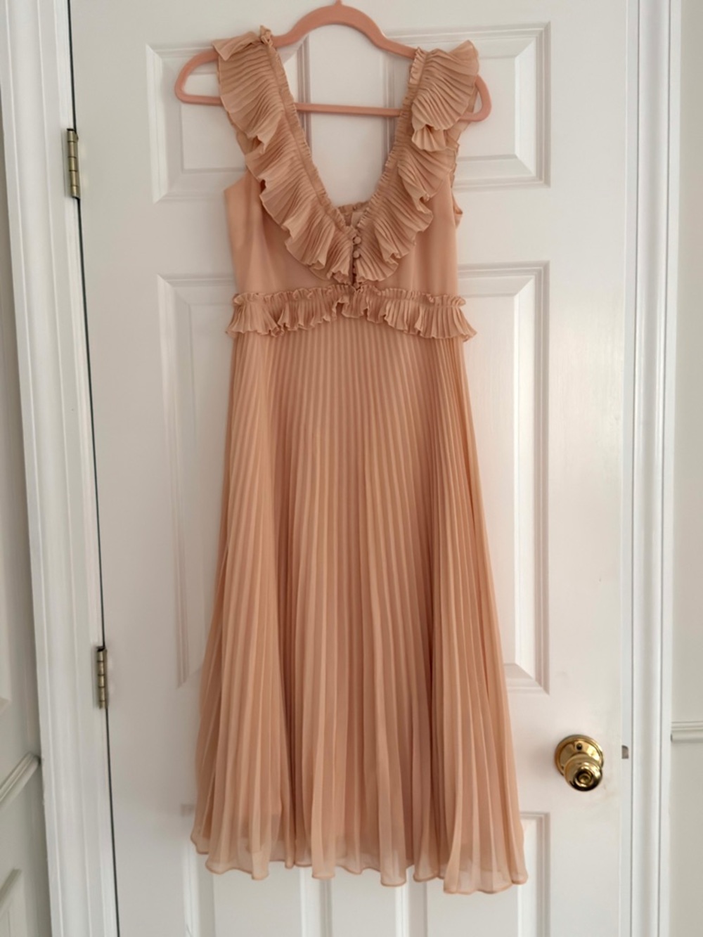 Sezane Peach Pink Ruffled Pleated Midi Dress